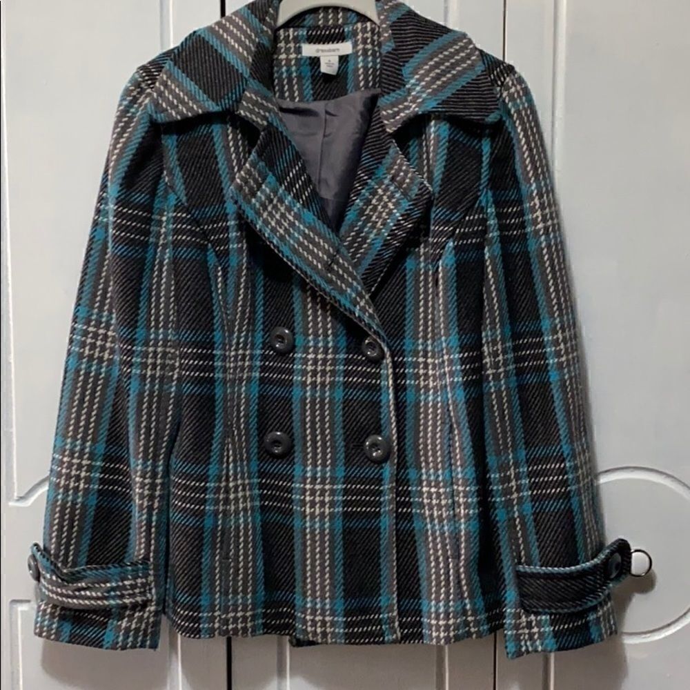Dressbarn plaid Pea Coat teal/gray EUC size Small